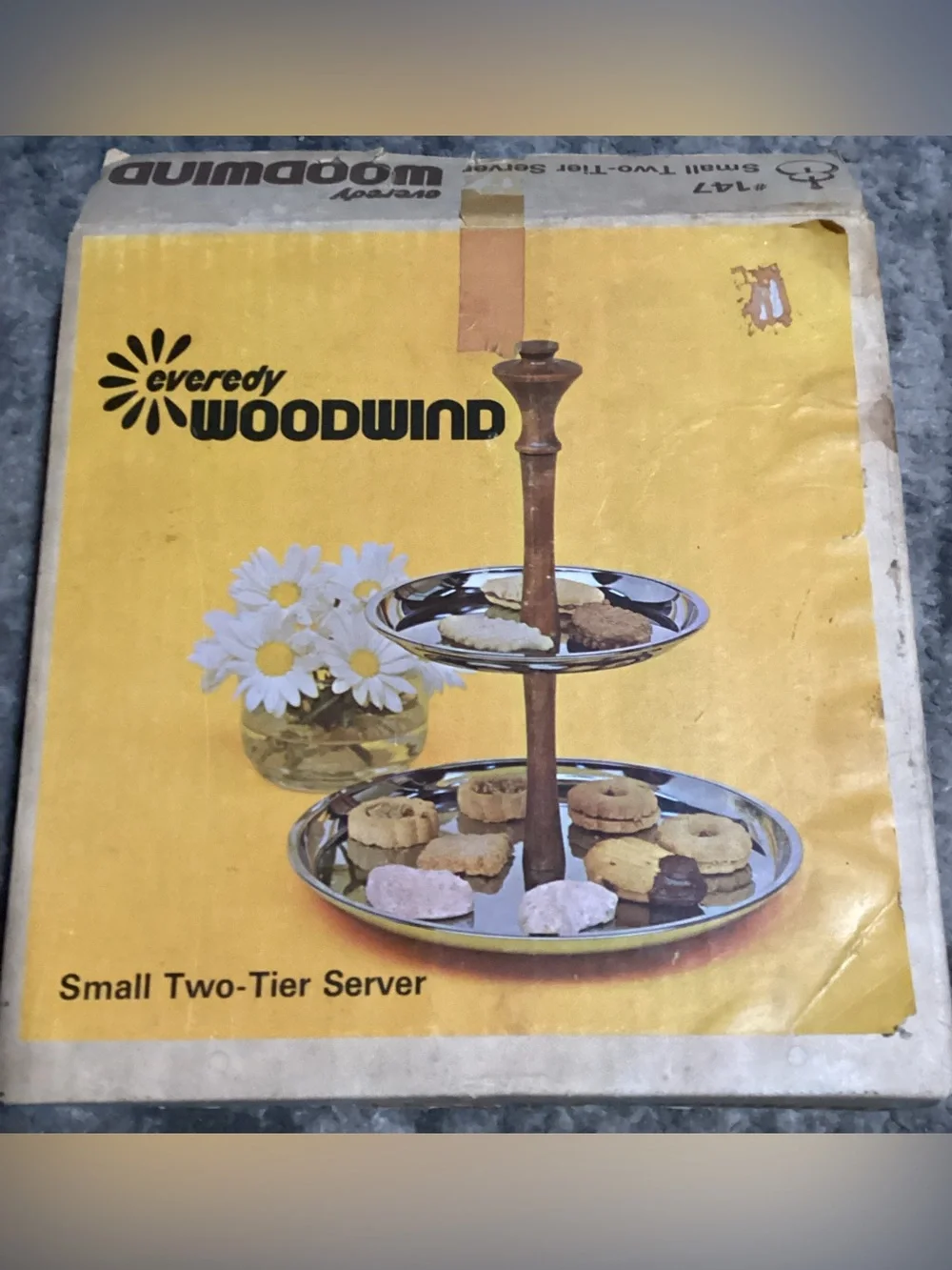 Vintage 2 Tier Chrome Tray Server with Wood Handles EVEREDY WOODWIND #147 NOS